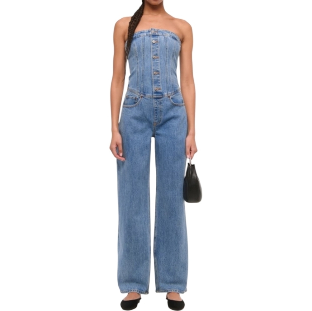 NWT Abercrombie Strapless Dip Waist Denim Wide Leg Jumpsuit 30" Cut Hems Size XS